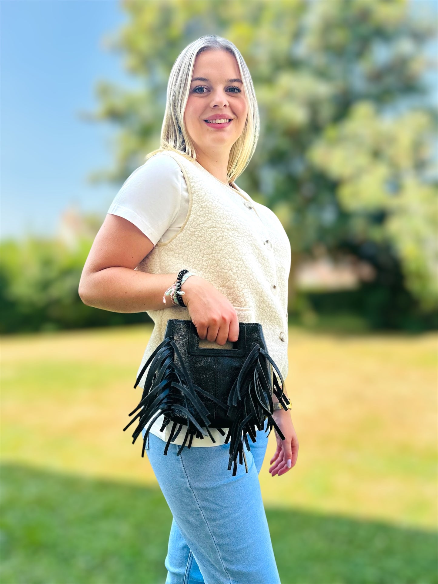 Sac ISIS – métallisé à franges en cuir véritable 🩶