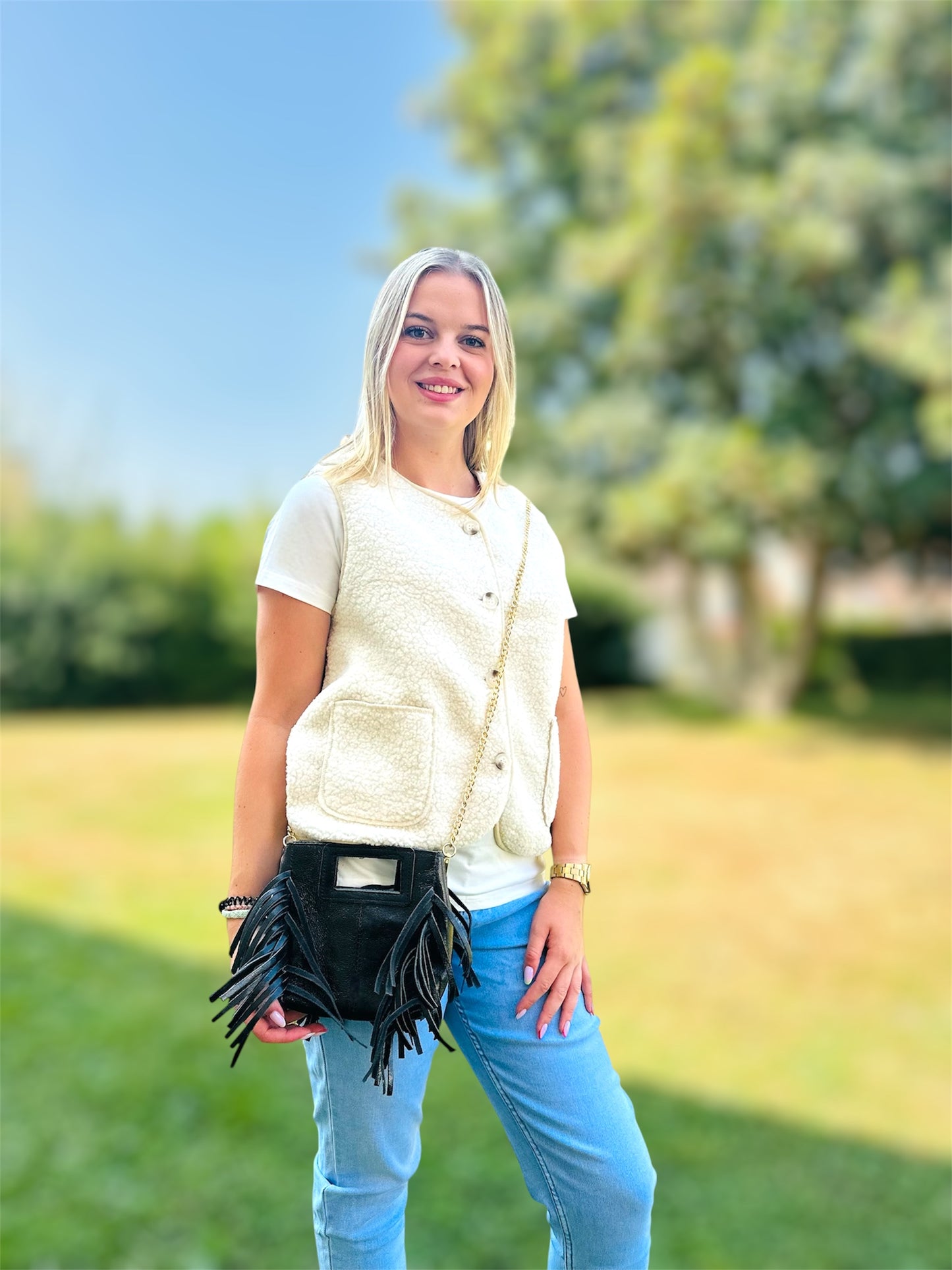 Sac ISIS – métallisé à franges en cuir véritable 🩶