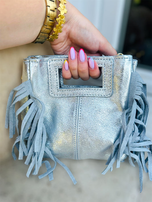 Sac ISIS – métallisé à franges en cuir véritable 🩶