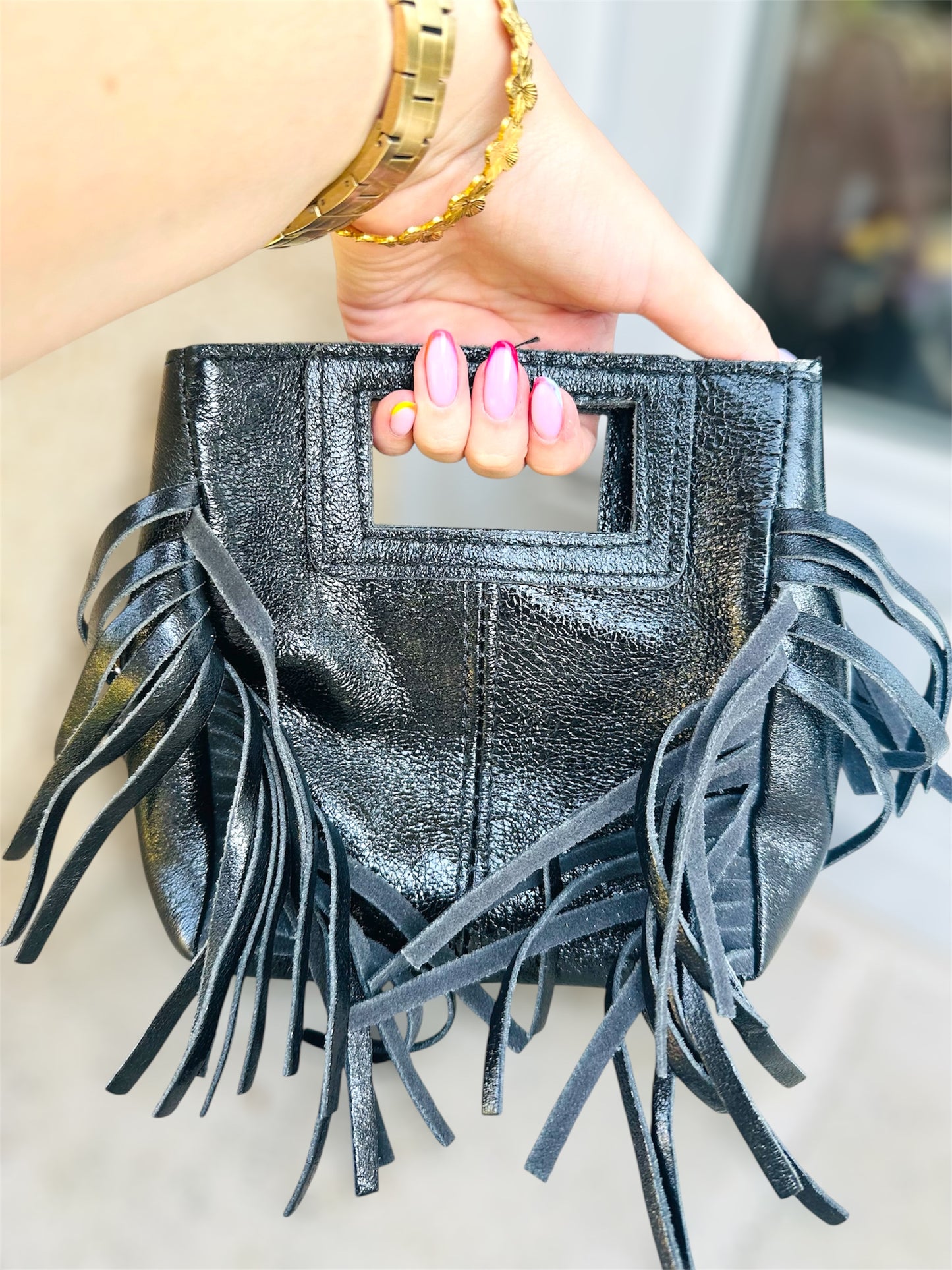 Sac ISIS – métallisé à franges en cuir véritable 🩶