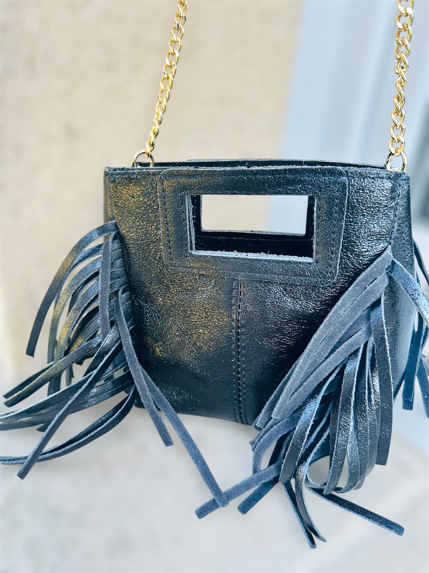 Sac ISIS – métallisé à franges en cuir véritable 🩶